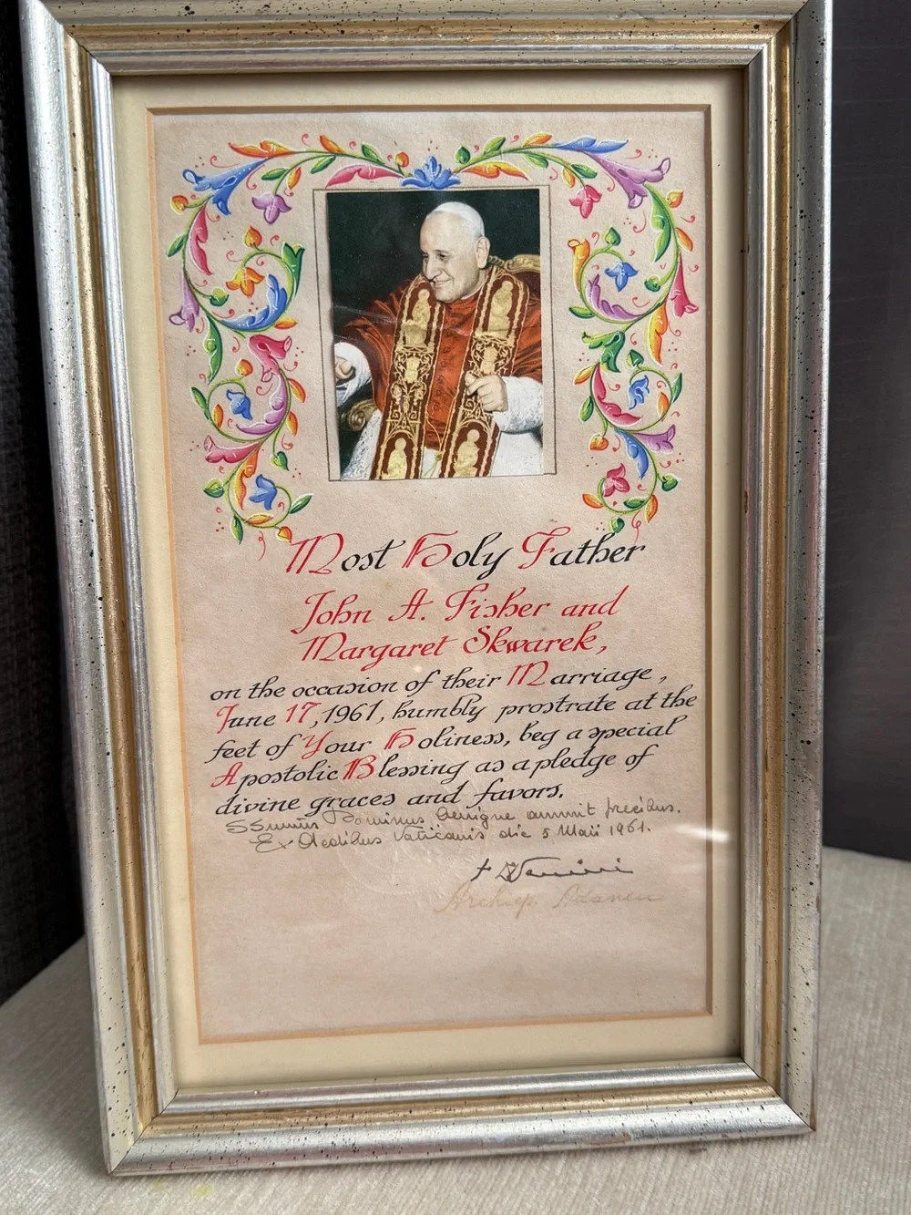 Silver-Tone Framed Religious Certificate with Cream Mat
